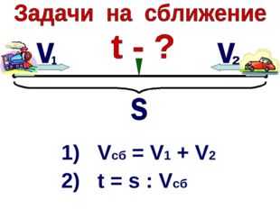 1) Vcб = V1 + V2 2) t = s : Vсб 