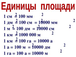 1 см = 100 мм 1 дм = 100 см = 10000 мм 1 м = 100 дм = 10000 см 1 км = 1000 00