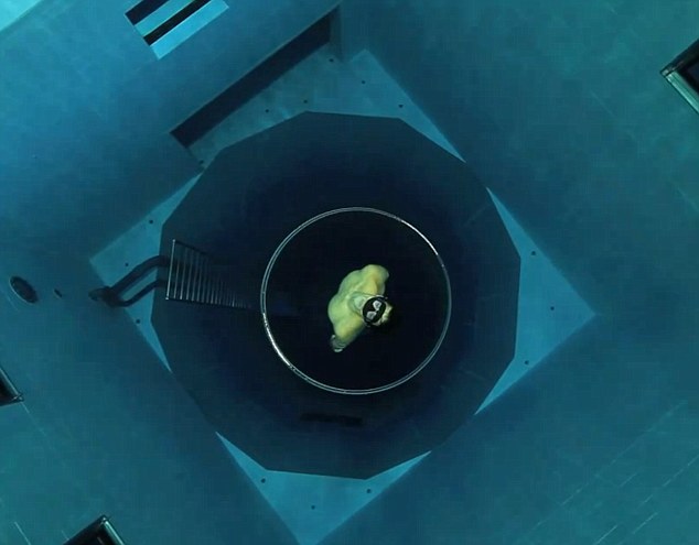 Astonishing: The video sees the 29-year-old plunging, without any breathing equipment whatsoever, a staggering 33metres to the bottom of the NEMO 33