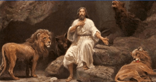 Иллюстрация к библейскому рассказу: Даниил в яме со львами