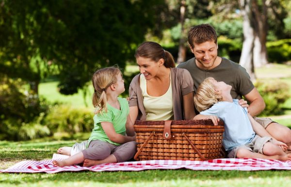 Муж, жена и дети на пикнике